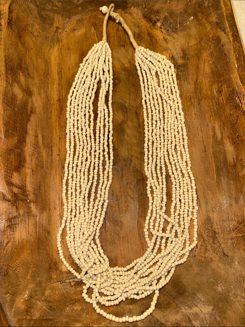 Vintage 11 Strand Cream Glass Seed Bead Necklace Boho Statement Thread Wrapped